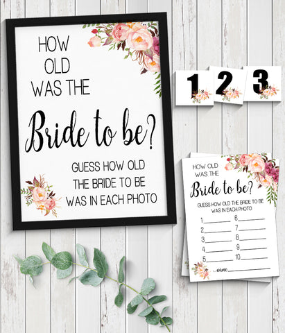 How Old was the Bride to Be Bridal Shower Game, Ready to Print, Pink floral boho chic G 103-08
