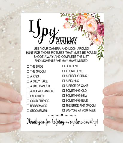 I Spy with my camera Wedding Reception activity game, Ready to Print, Pink floral boho chic G 103-37
