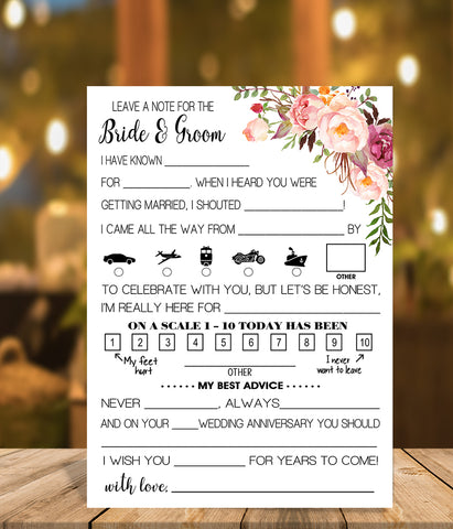 Leave a note to the Bride and Groom Wedding activity, Ready to Print, Pink floral boho chic G 103-36