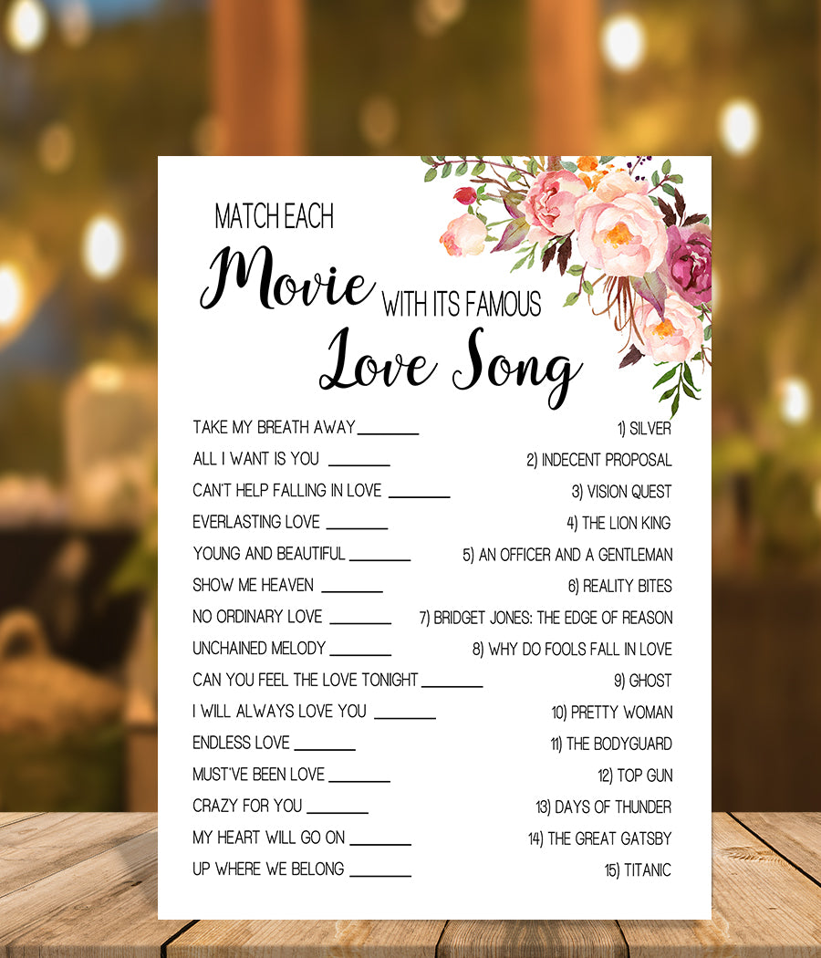 Match Movie with love song Bridal Shower game, Ready to Print, Pink floral boho chic G 103-12