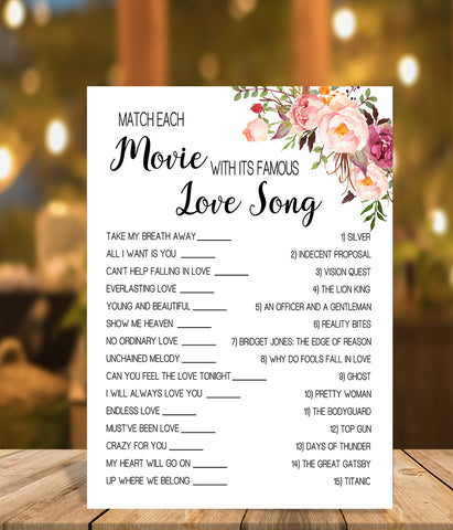 Match Movie with love song Bridal Shower game, Ready to Print, Pink floral boho chic G 103-12