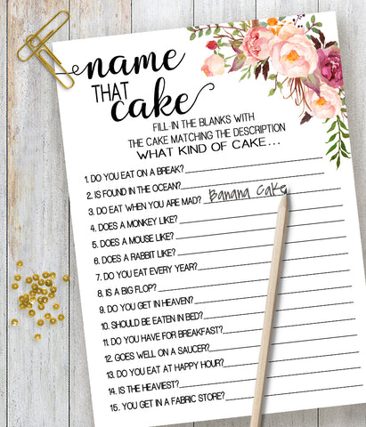 Name that Cake bridal shower game, pink boho chic wedding bridal shower wedding shower