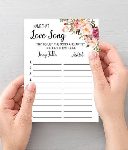Name that Love Song Bridal Shower game, Ready to Print, Pink floral boho chic G 103-41