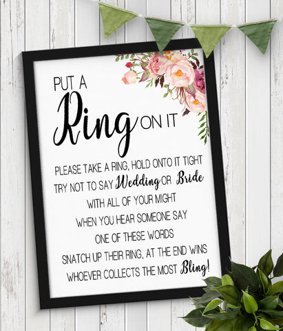 Put a Ring on it Bridal Shower Game, Ready to Print, Pink floral boho chic G 103-28