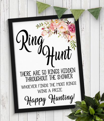 Ring Hunt bridal shower game, hide gins thru shower for guest to find
