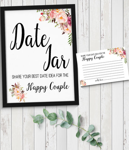 Date Jar ideas for Couple Bridal Shower Game, Ready to Print, Pink floral boho chic G 103-03