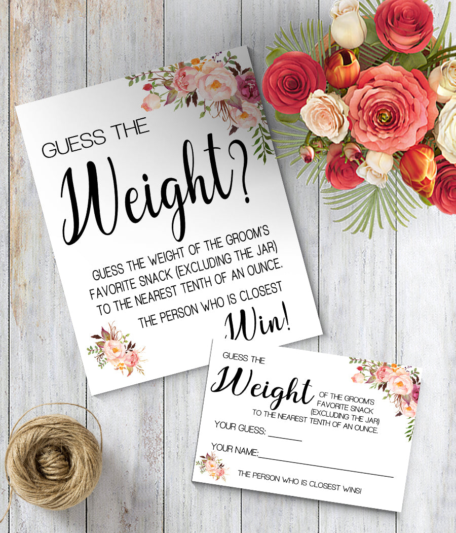 Guess the Weight? Bridal Shower Game, Ready to Print, Pink floral boho chic G 103-51