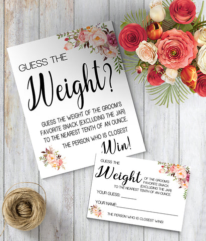 Guess the Weight? Bridal Shower Game, Ready to Print, Pink floral boho chic G 103-51