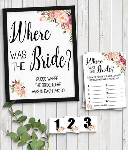 Where was She Bridal Shower Game, Ready to Print, Pink floral boho chic G 103-45
