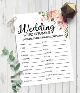 Wedding word scramble bridal shower game, Ready to Print, Pink floral boho chic G 103-14