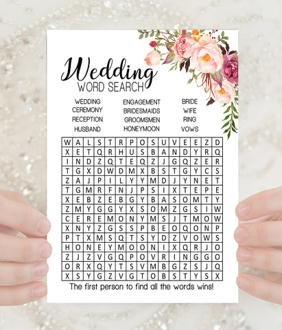 Wedding word search bridal shower game, Ready to Print, Pink floral boho chic G 103-19