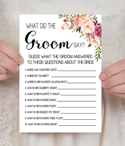 What did the Groom say Bridal Shower game, Ready to Print, Pink floral boho chic G 103-15