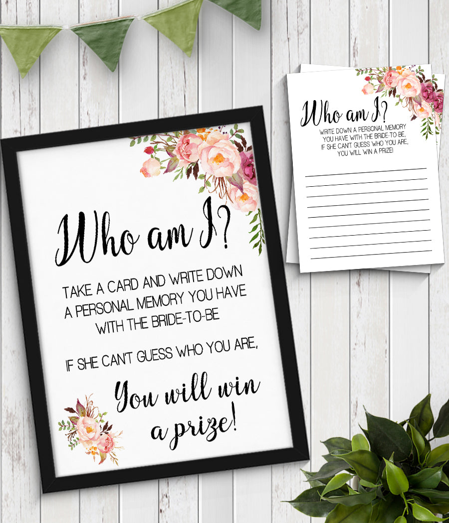 Who I am? Bridal Shower Game, Ready to Print, Pink floral boho chic G 103-16