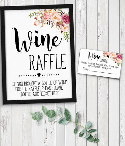 Wine Raffle bring a bottle Bridal Shower Game, Ready to Print, Pink floral boho chic G 103-50