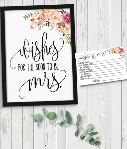 Wishes for the soon to be Mrs Bridal Shower Game, Ready to Print, Pink floral boho chic G 103-33