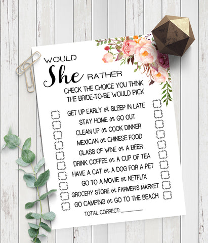 Would She Rather? Bridal Shower game, Ready to Print, Pink floral boho chic G 103-13
