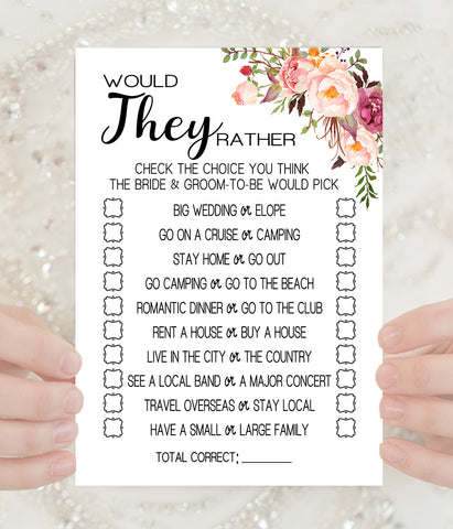 Would They Rather? Bridal Shower game, Ready to Print, Pink floral boho chic G 103-20